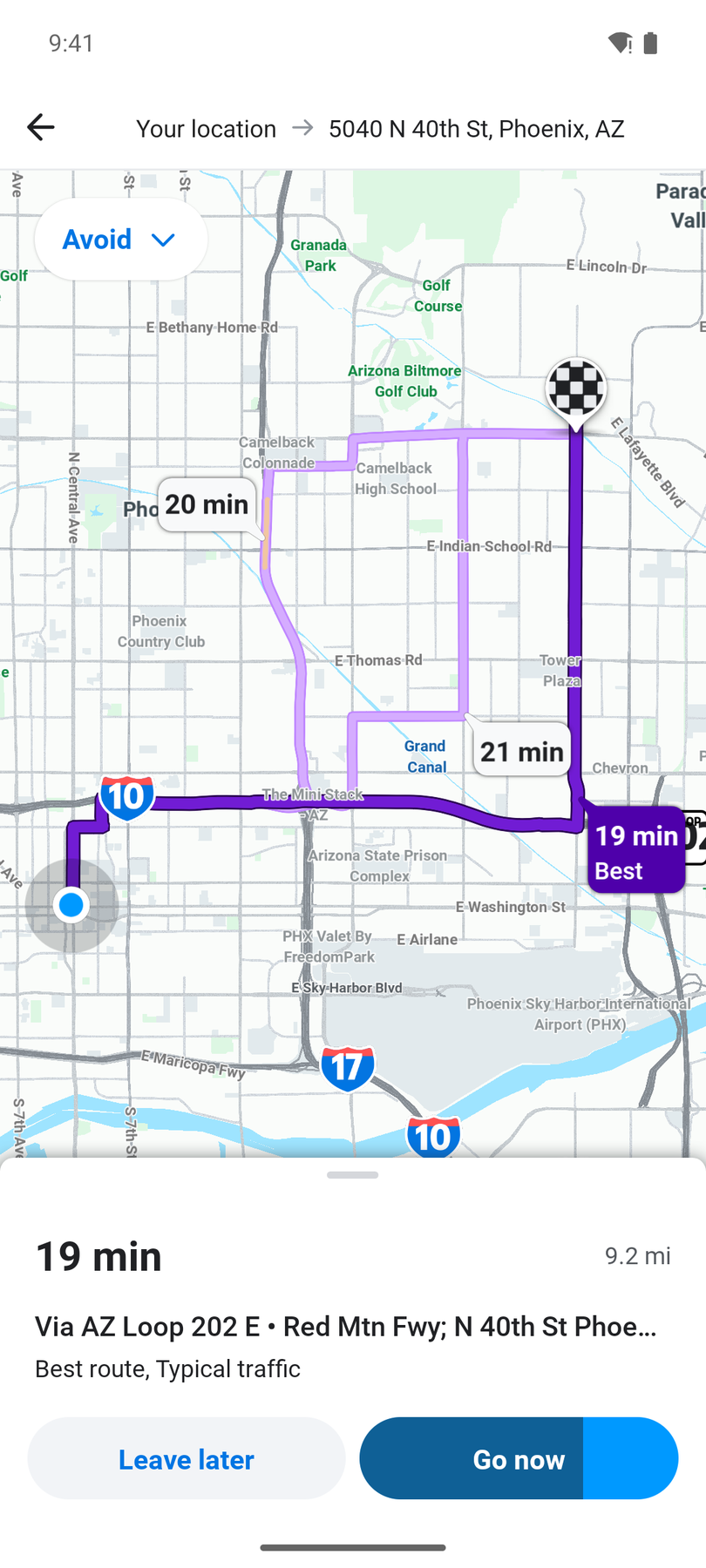 Waze online showing route options to a Phoenix address with traffic estimates
