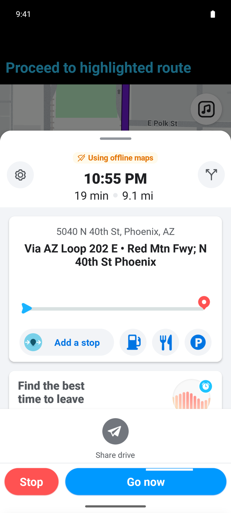 Waze ETA panel showing the orange Using offline maps badge
