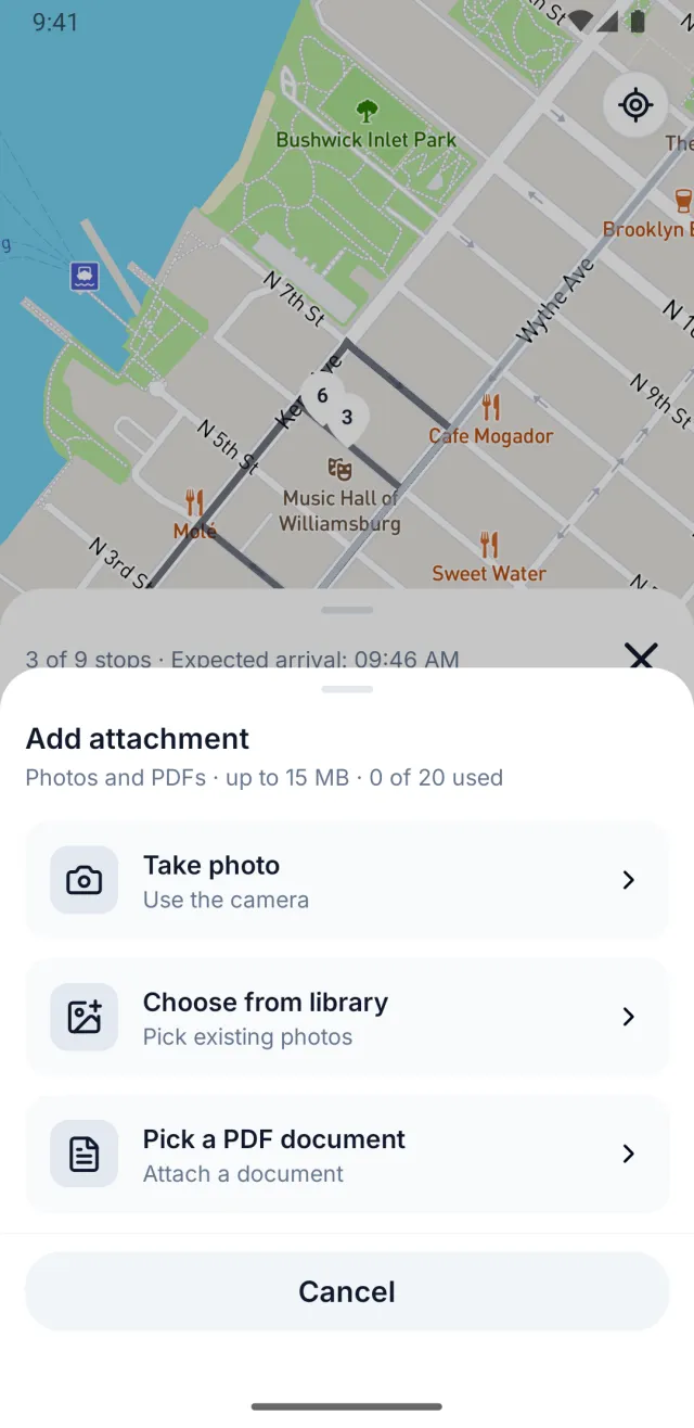 Attaching a proof-of-delivery photo to a stop in the Routerra driver app