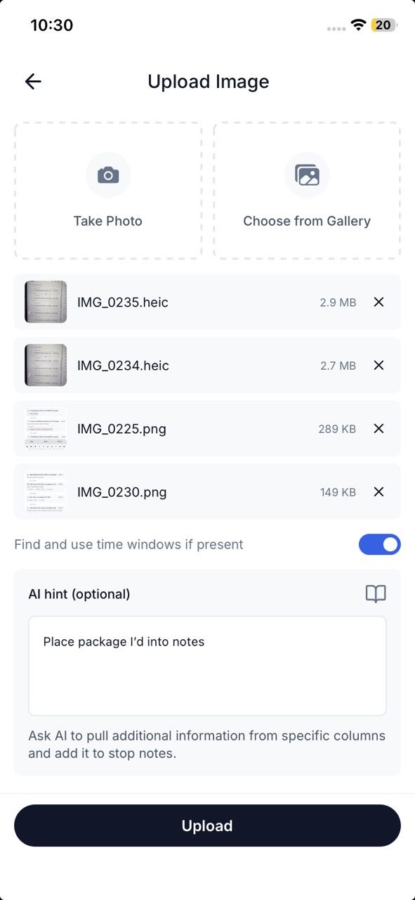 Routerra AI import screen turning uploaded images into a list of delivery stops