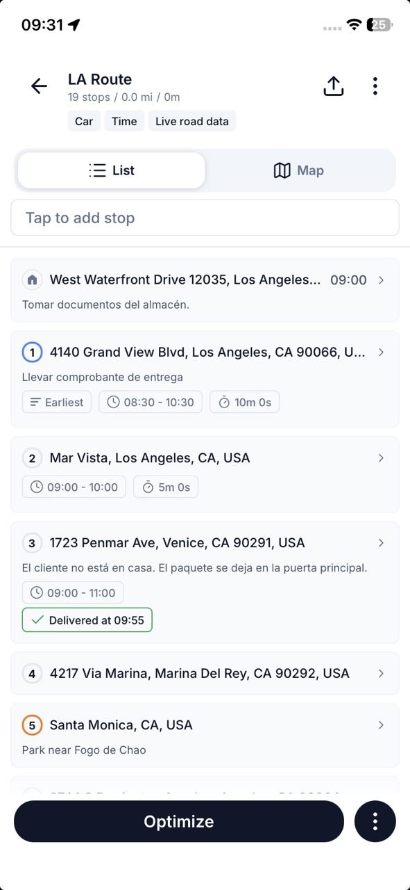 Route list of 19 stops in the Routerra app with time windows and notes, and the Optimize button at the bottom