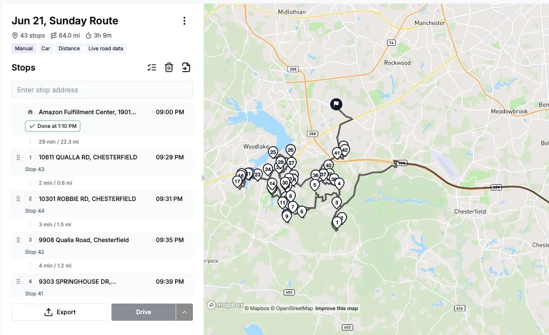 The Routerra web planner holding a 43-stop route: a numbered stop list on the left and the same stops numbered along the route on the map