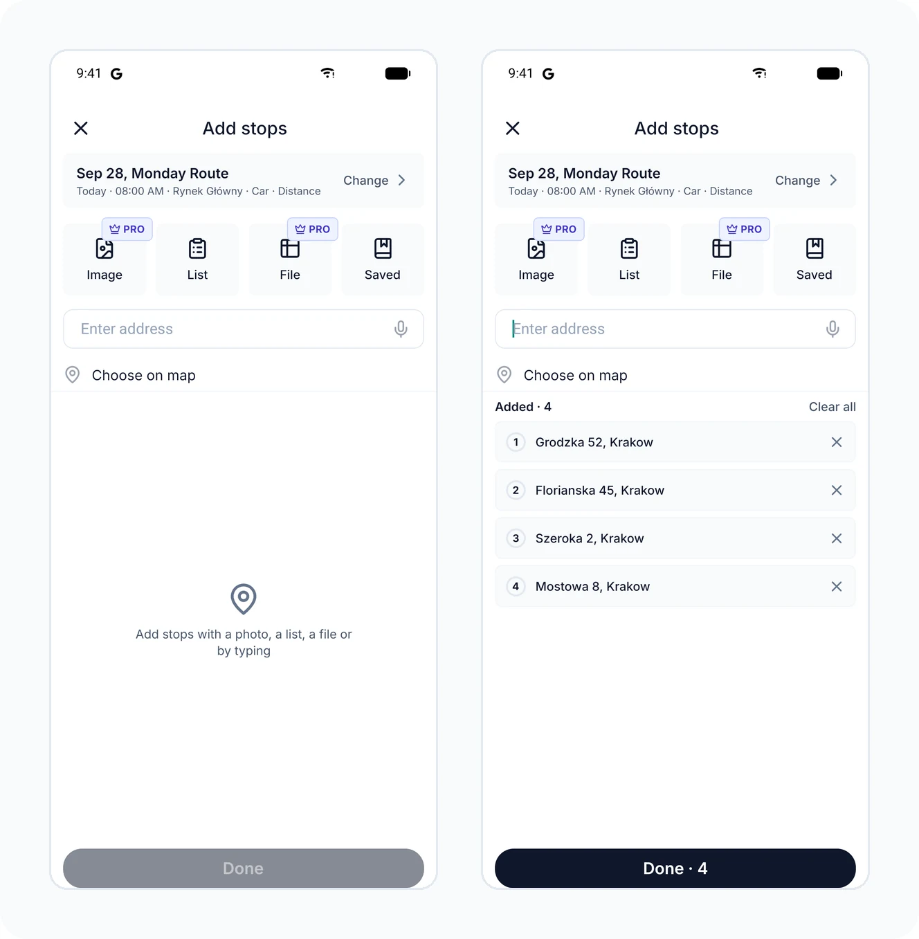 The New route tab opens straight into Add stops, with recognized stops listed as you add them